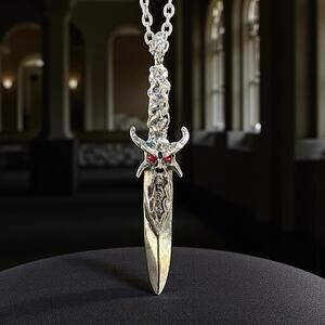Gothic Warrior Skull Sword Fantasy Necklace Red Crystal Eyes Silver Medieval